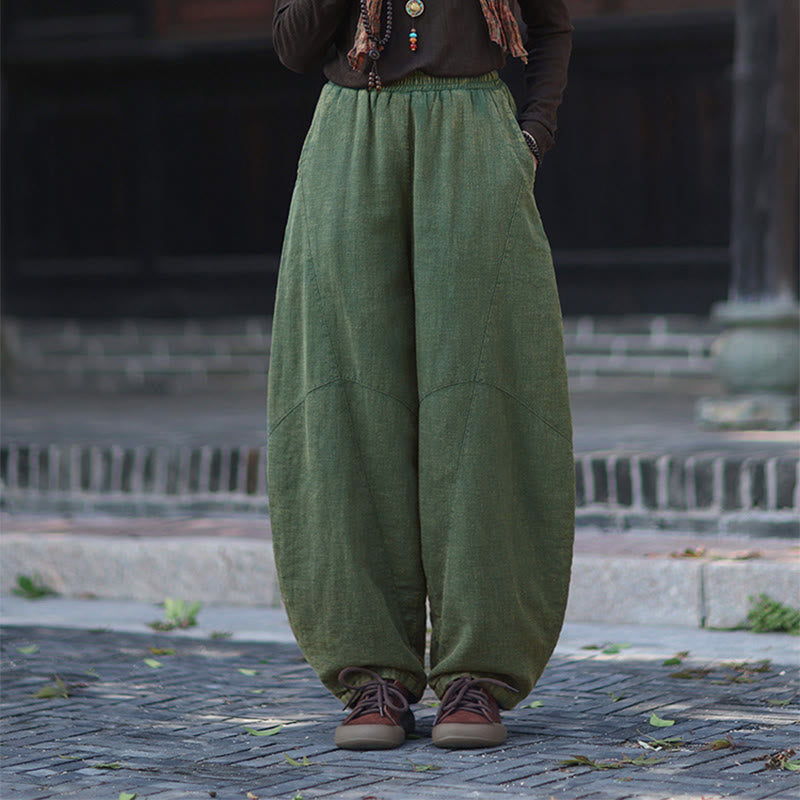 Buddha Stones Winter Elastic Waist Ramie Cotton Thermal Women's Pants With Pockets - image 32