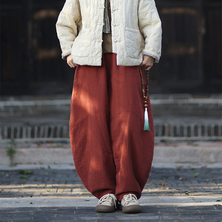 Buddha Stones Winter Elastic Waist Ramie Cotton Thermal Women's Pants With Pockets - image 35