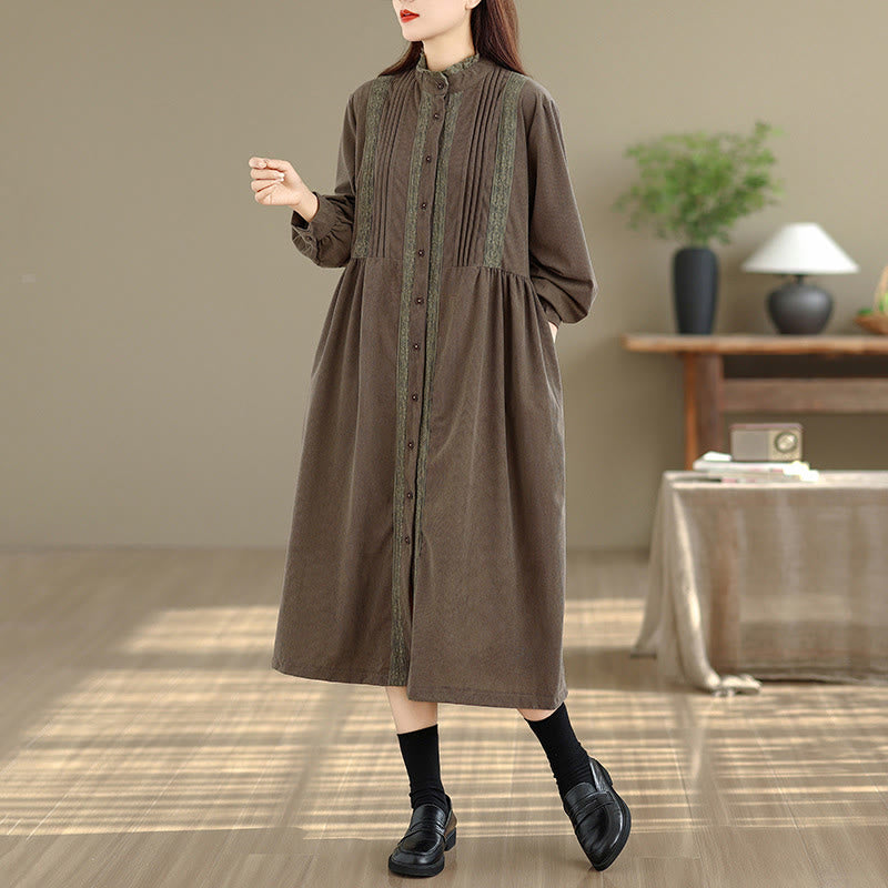 Buddha Stones Winter Pleated Buttons Down Long Sleeve Corduroy Women's Midi Dress With Pockets - image 1