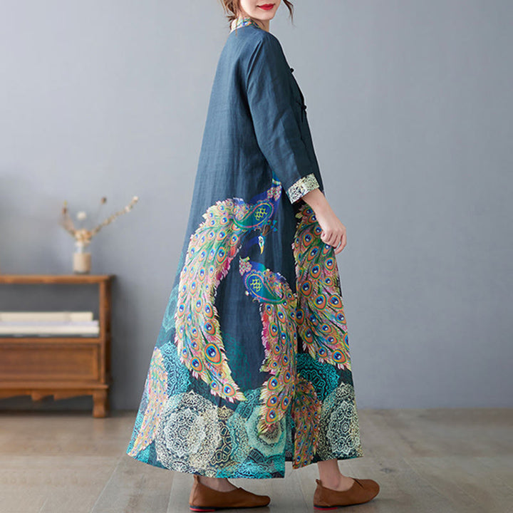 Buddha Stones Fall Colorful Peacocks Mandala Frog-Button Three Quarter Sleeve Cotton Women's Midi Dress - image 4