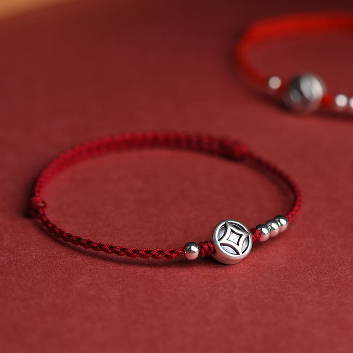 Buddha Stones 999 Sterling Silver Copper Coin Charm Handmade String Strength Bracelet Anklet - image 2