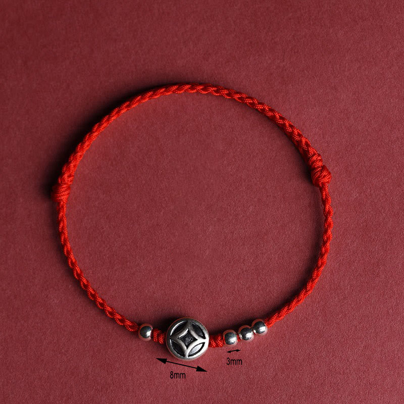 Buddha Stones 999 Sterling Silver Copper Coin Charm Handmade String Strength Bracelet Anklet - image 3