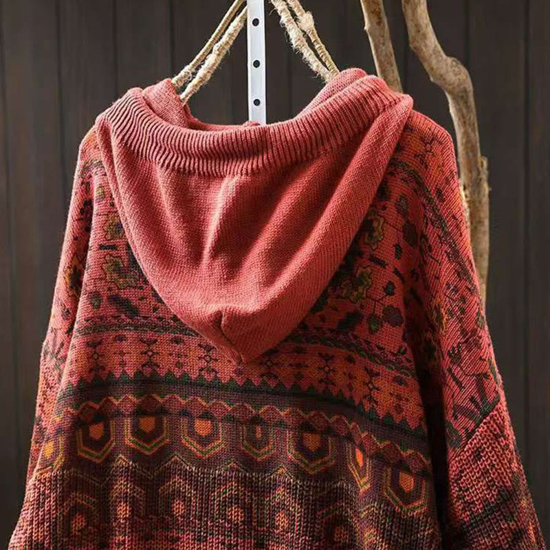 Buddha Stones Fall Striped Geometric Flowers Cotton Women's Long Sleeve Pullover Knitted Hoodie - image 5