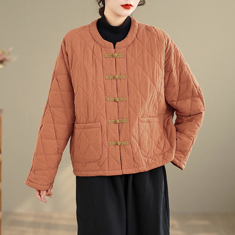 Buddha Stones Winter Frog-Button Diamond-shaped Lines Cotton Long Sleeve Women's Thermal Jacket With Pockets - image 5