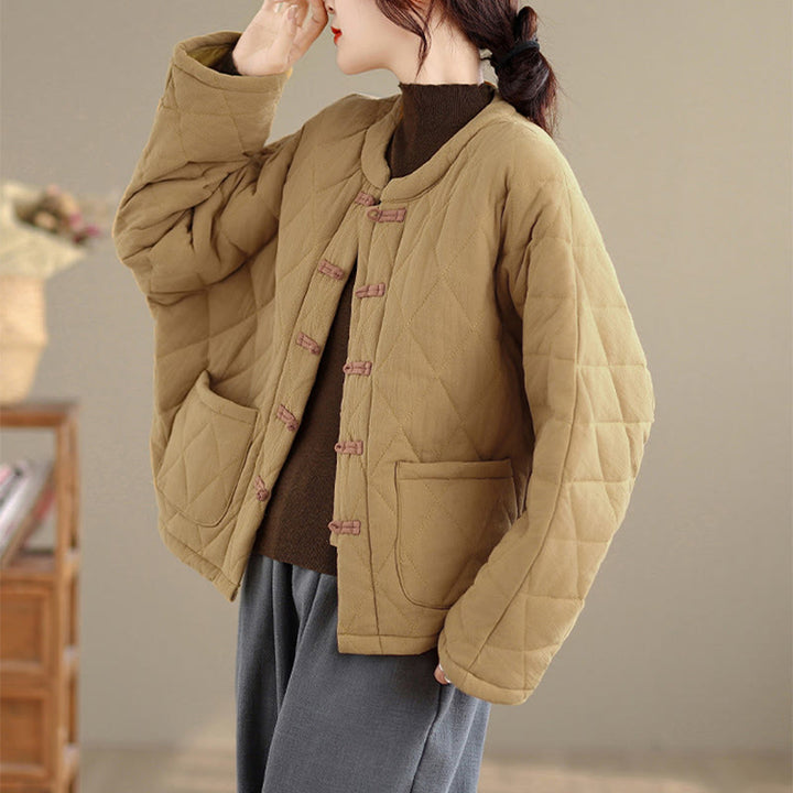 Buddha Stones Winter Frog-Button Diamond-shaped Lines Cotton Long Sleeve Women's Thermal Jacket With Pockets - image 9