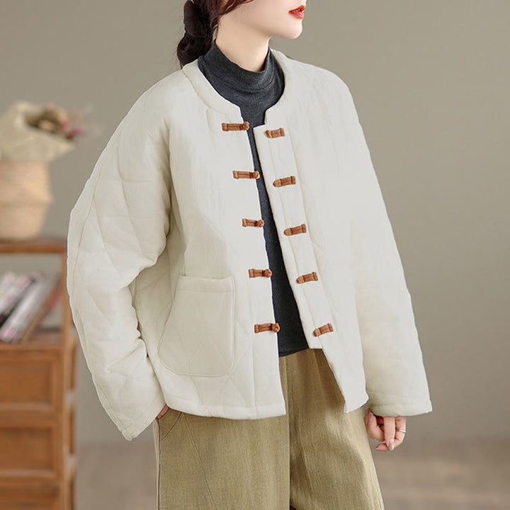 Buddha Stones Winter Frog-Button Diamond-shaped Lines Cotton Long Sleeve Women's Thermal Jacket With Pockets - image 18