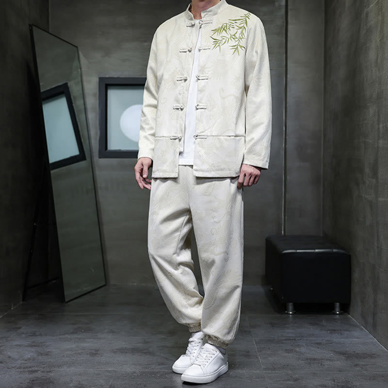 Buddha Stones 2Pcs Spring Dragon Bamboo Clouds Men's Tang Suit Frog-Button Cotton Long Sleeve Jacket Pants Set With Pockets - image 5