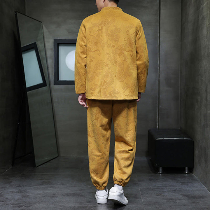 Buddha Stones 2Pcs Spring Dragon Bamboo Clouds Men's Tang Suit Frog-Button Cotton Long Sleeve Jacket Pants Set With Pockets - image 11