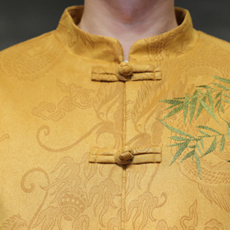 Buddha Stones 2Pcs Spring Dragon Bamboo Clouds Men's Tang Suit Frog-Button Cotton Long Sleeve Jacket Pants Set With Pockets - image 18