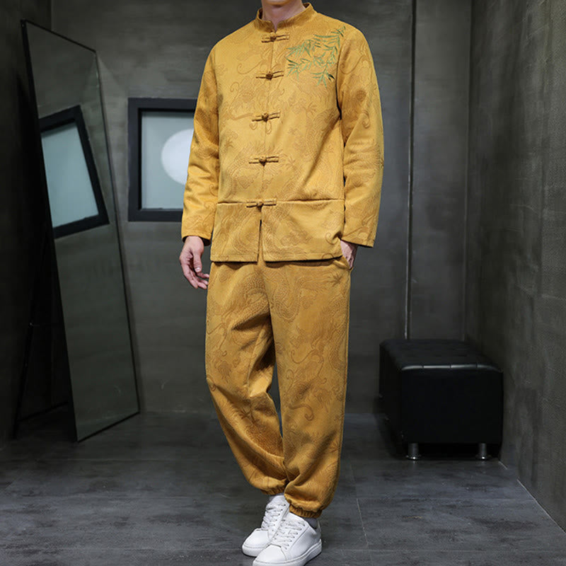 Buddha Stones 2Pcs Spring Dragon Bamboo Clouds Men's Tang Suit Frog-Button Cotton Long Sleeve Jacket Pants Set With Pockets - image 10