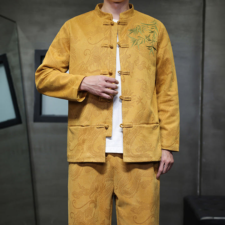 Buddha Stones 2Pcs Spring Dragon Bamboo Clouds Men's Tang Suit Frog-Button Cotton Long Sleeve Jacket Pants Set With Pockets - image 17