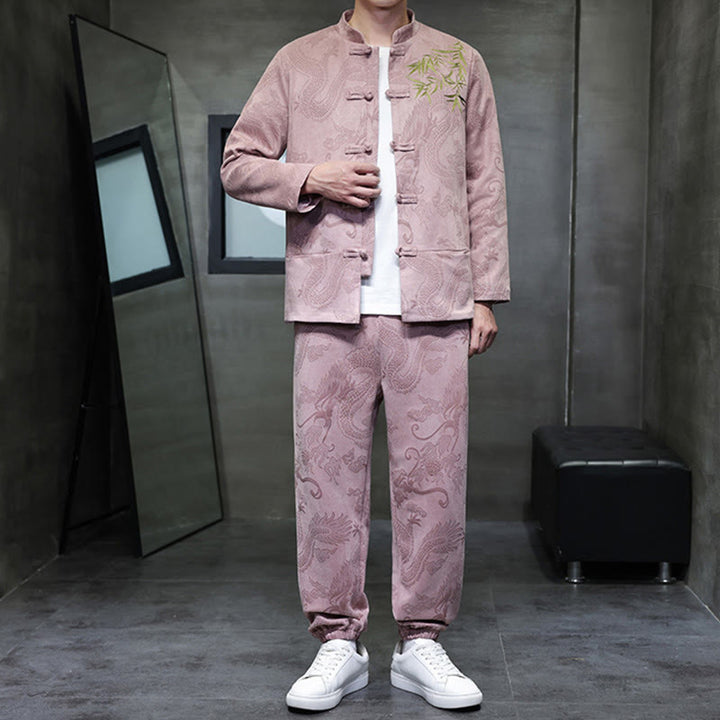 Buddha Stones 2Pcs Spring Dragon Bamboo Clouds Men's Tang Suit Frog-Button Cotton Long Sleeve Jacket Pants Set With Pockets - image 34