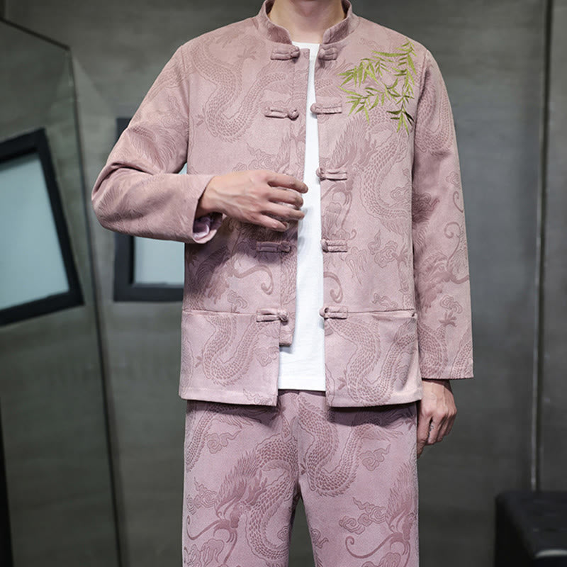 Buddha Stones 2Pcs Spring Dragon Bamboo Clouds Men's Tang Suit Frog-Button Cotton Long Sleeve Jacket Pants Set With Pockets - image 38