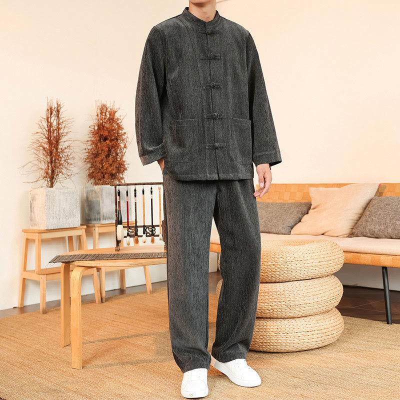 Buddha Stones 2Pcs Winter Thick Men's Tang Suit Frog-Button Cotton Corduroy Long Sleeve Jacket Pants Set With Pockets - Gray - US/UK/AU46，EU56 (5XL) - image 8