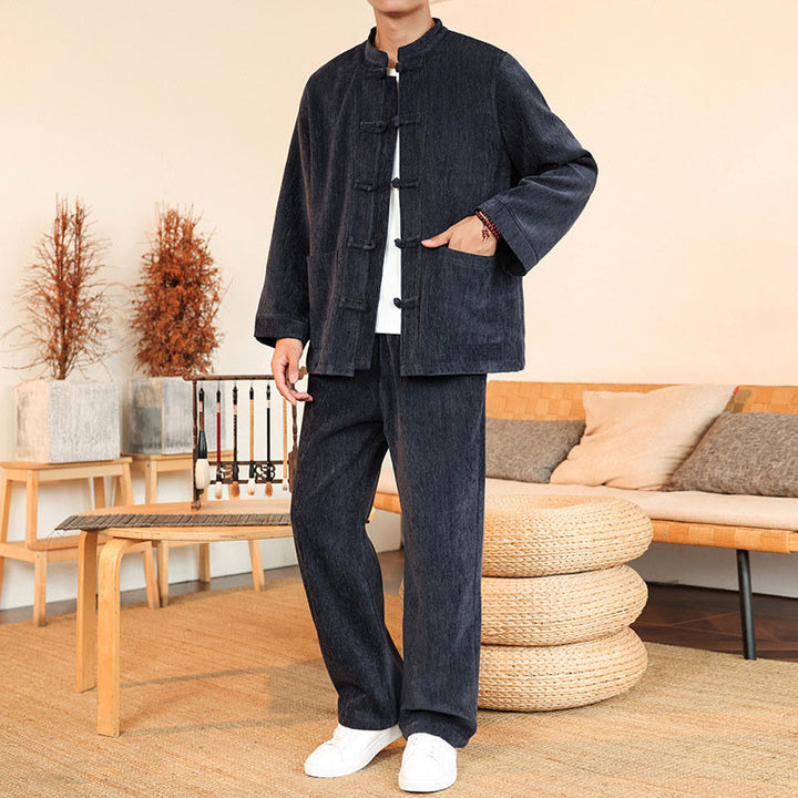 Buddha Stones 2Pcs Winter Thick Men's Tang Suit Frog-Button Cotton Corduroy Long Sleeve Jacket Pants Set With Pockets - image 1