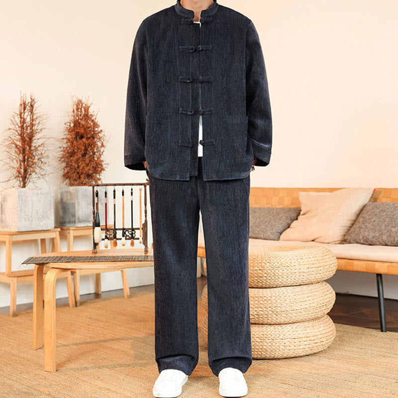Buddha Stones 2Pcs Winter Thick Men's Tang Suit Frog-Button Cotton Corduroy Long Sleeve Jacket Pants Set With Pockets - SlateGray - US/UK/AU46，EU56 (5XL) - image 0