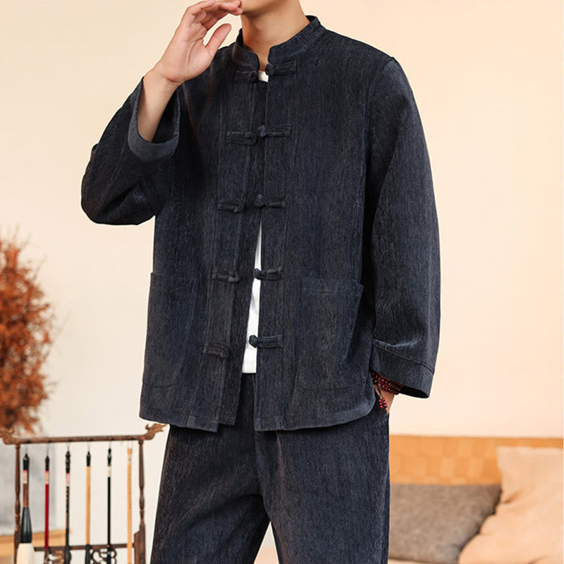 Buddha Stones 2Pcs Winter Thick Men's Tang Suit Frog-Button Cotton Corduroy Long Sleeve Jacket Pants Set With Pockets - image 7