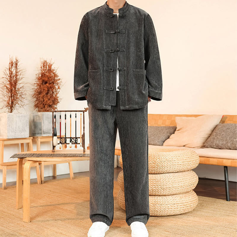 Buddha Stones 2Pcs Winter Thick Men's Tang Suit Frog-Button Cotton Corduroy Long Sleeve Jacket Pants Set With Pockets - image 13