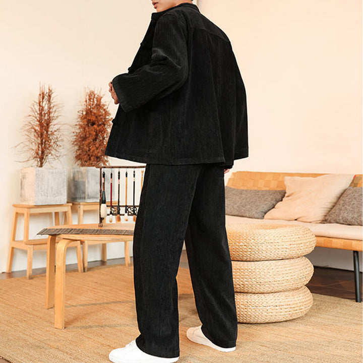 Buddha Stones 2Pcs Winter Thick Men's Tang Suit Frog-Button Cotton Corduroy Long Sleeve Jacket Pants Set With Pockets - image 25