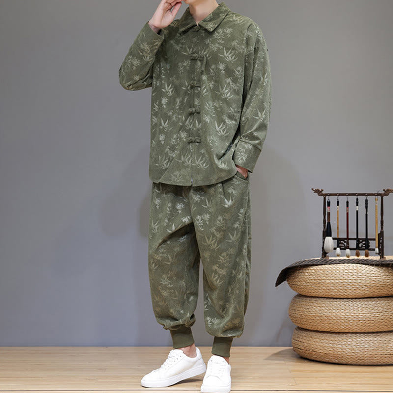 Buddha Stones 2Pcs Winter Thick Bamboo Men's Tang Suit Frog-Button Cotton Corduroy Long Sleeve Jacket Pants Set With Pockets - image 4