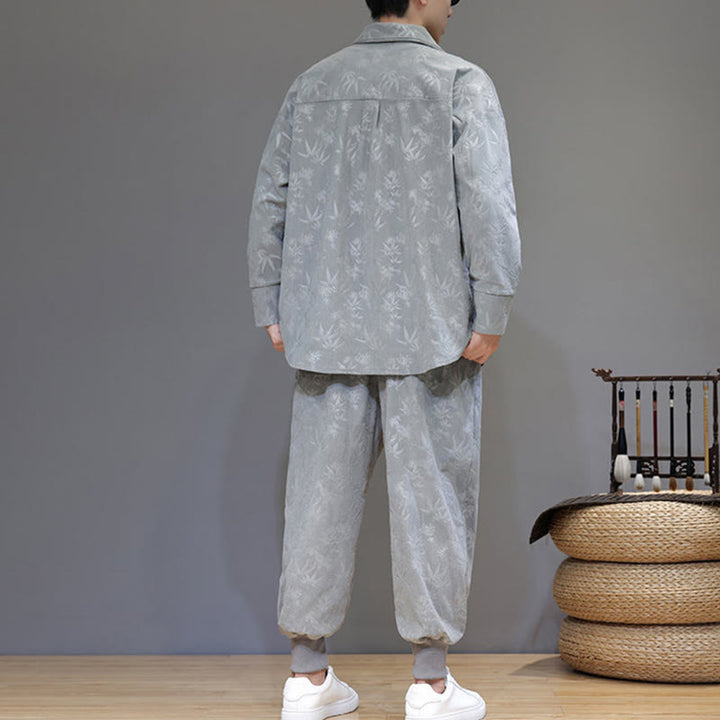 Buddha Stones 2Pcs Winter Thick Bamboo Men's Tang Suit Frog-Button Cotton Corduroy Long Sleeve Jacket Pants Set With Pockets - image 11