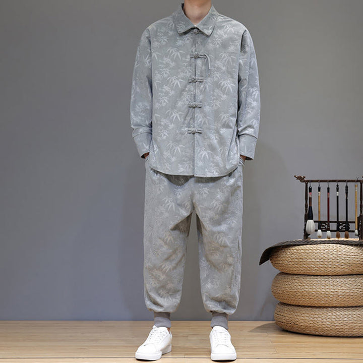 Buddha Stones 2Pcs Winter Thick Bamboo Men's Tang Suit Frog-Button Cotton Corduroy Long Sleeve Jacket Pants Set With Pockets - image 16