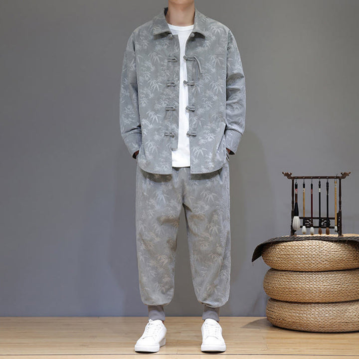 Buddha Stones 2Pcs Winter Thick Bamboo Men's Tang Suit Frog-Button Cotton Corduroy Long Sleeve Jacket Pants Set With Pockets - image 9