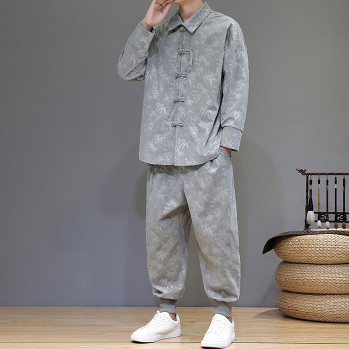 Buddha Stones 2Pcs Winter Thick Bamboo Men's Tang Suit Frog-Button Cotton Corduroy Long Sleeve Jacket Pants Set With Pockets - image 10