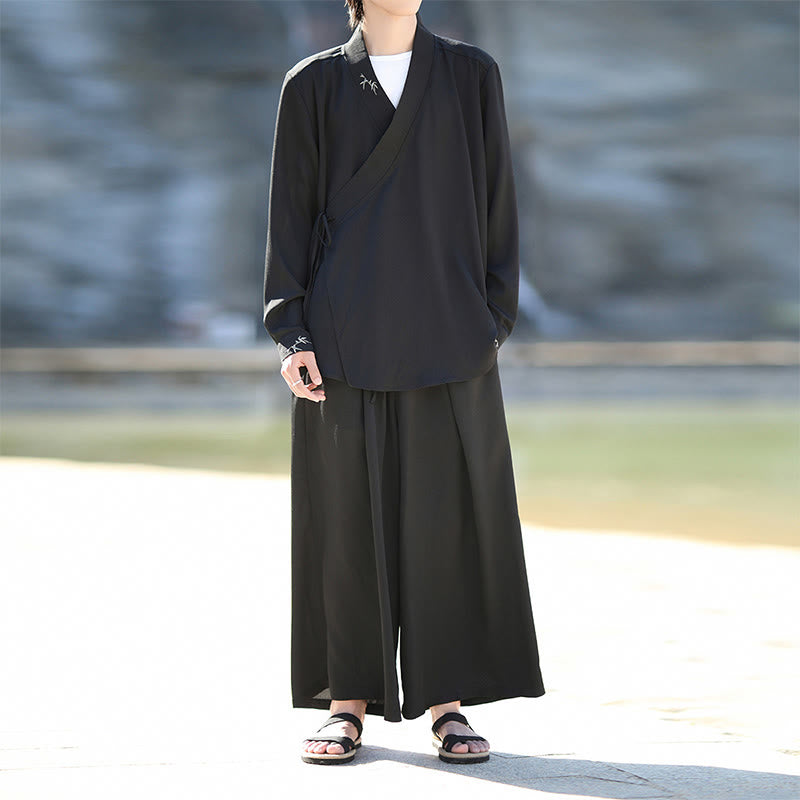 Buddha Stones 2Pcs Fall Lace-up Bamboo Embroidery Cotton Kimono Ankle-Length Pants With Pockets Men's Meditation Cloth Set - Black - US/UK/AU46，EU56 (5XL) - image 0