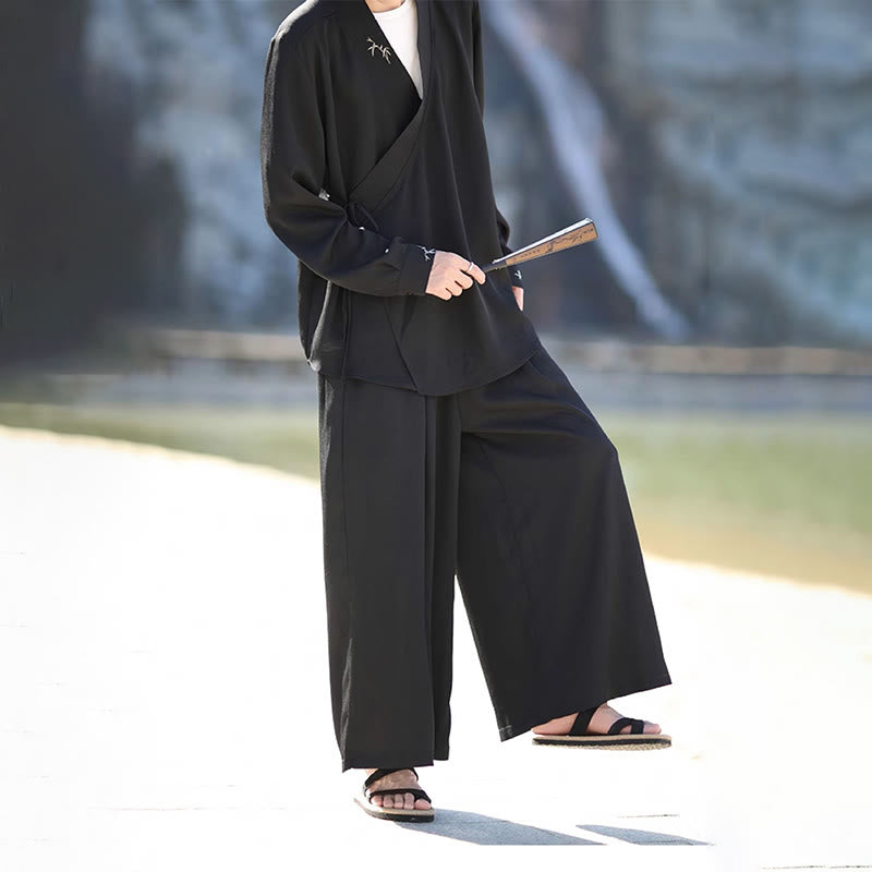 Buddha Stones 2Pcs Fall Lace-up Bamboo Embroidery Cotton Kimono Ankle-Length Pants With Pockets Men's Meditation Cloth Set - image 3