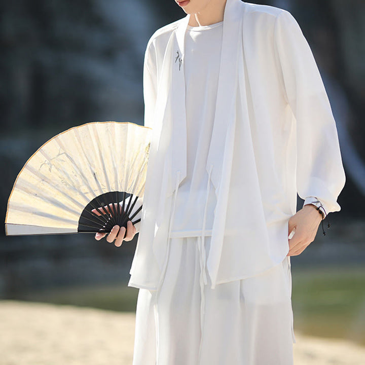 Buddha Stones 2Pcs Fall Lace-up Bamboo Embroidery Cotton Kimono Ankle-Length Pants With Pockets Men's Meditation Cloth Set - image 13