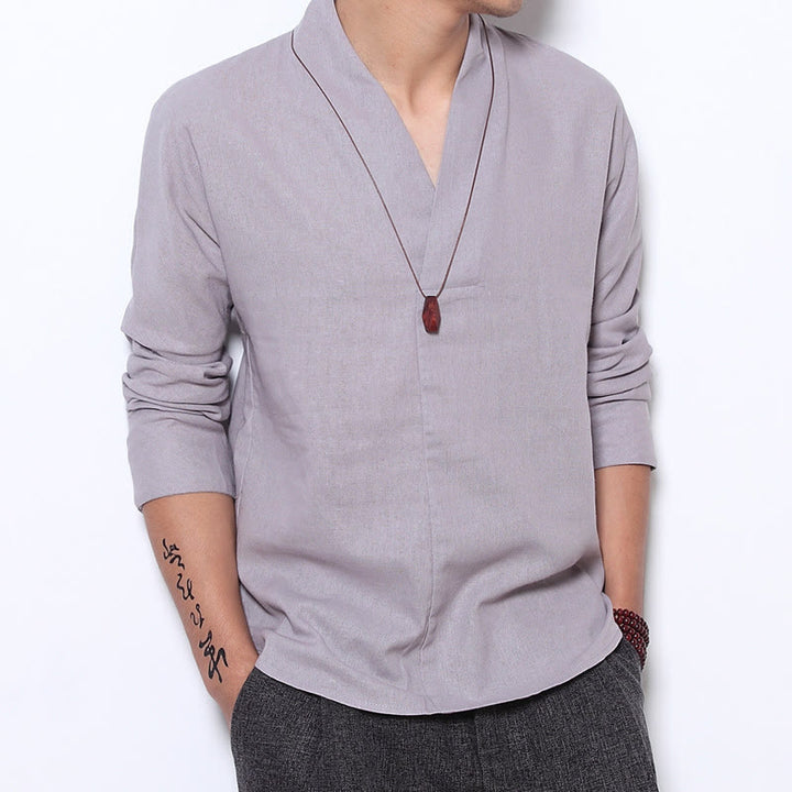 Buddha Stones Casual V-Neck Long Sleeve Shirt Linen Men Clothing - Gainsboro - US/UK/AU44，EU54 (5XL) - image 0
