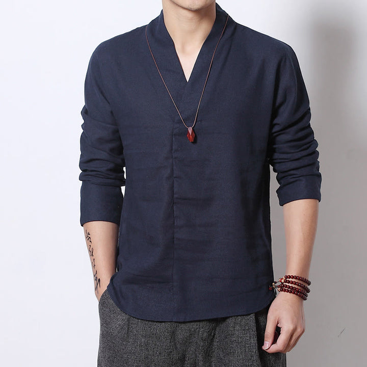 Buddha Stones Casual V-Neck Long Sleeve Shirt Men Clothing - SteelBlue - US/UK/AU44，EU54 (5XL) - image 6