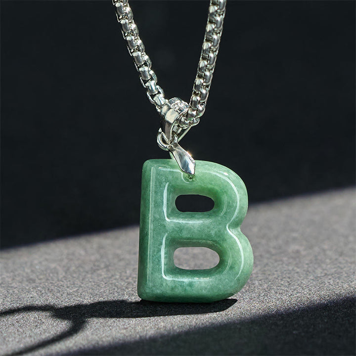 Buddha Stones Natural A-Z Letter Jade Titanium Steel Wide Chain Prosperity Necklace Pendant - image 8