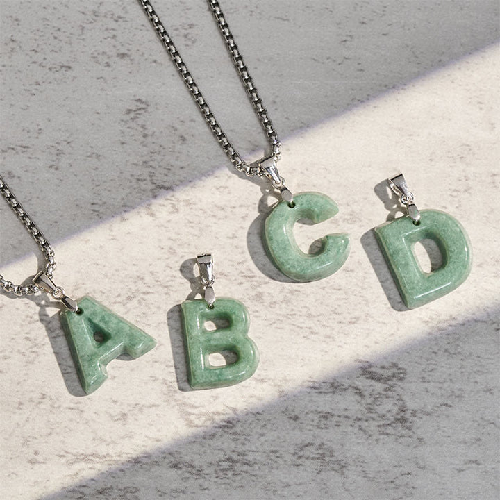 Buddha Stones Natural A-Z Letter Jade Titanium Steel Wide Chain Prosperity Necklace Pendant - image 35