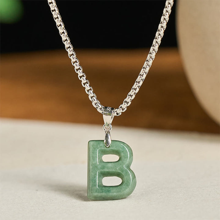Buddha Stones Natural A-Z Letter Jade Titanium Steel Wide Chain Prosperity Necklace Pendant - B - image 7