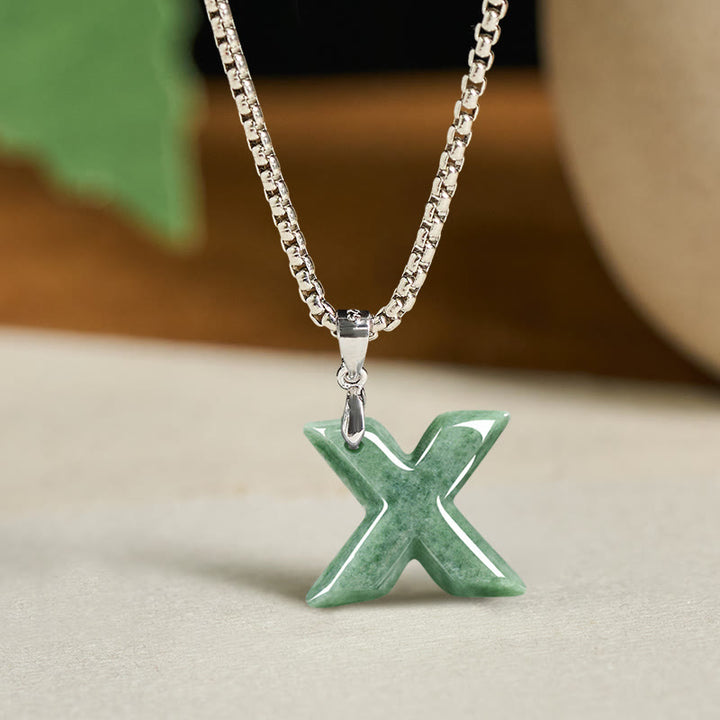 Buddha Stones Natural A-Z Letter Jade Titanium Steel Wide Chain Prosperity Necklace Pendant - X - image 32
