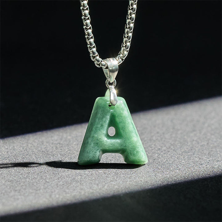 Buddha Stones "May You Find Your Own Meaning" Natural A-Z Letter Jade Titanium Steel Chain Necklace Includes Gift Message Card - image 4