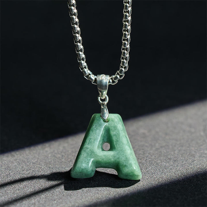 Buddha Stones "May You Find Your Own Meaning" Natural A-Z Letter Jade Titanium Steel Chain Necklace Includes Gift Message Card - image 5