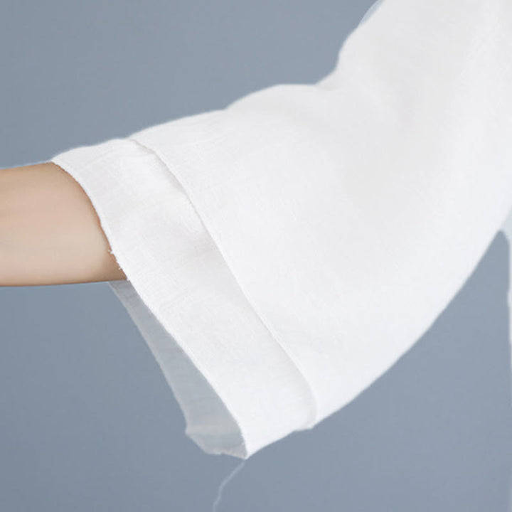 Buddha Stones 2Pcs Solid Color White Frog-Button Three Quarter Sleeve Shirt Wide Leg Pants Meditation Zen Clothing Women's Set - image 14