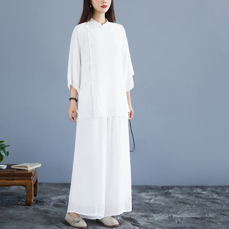 Buddha Stones 2Pcs Solid Color White Frog-Button Three Quarter Sleeve Shirt Wide Leg Pants Meditation Zen Clothing Women's Set - White - US8-10，UK/AU12-14，EU40-42 (2XL) - image 0