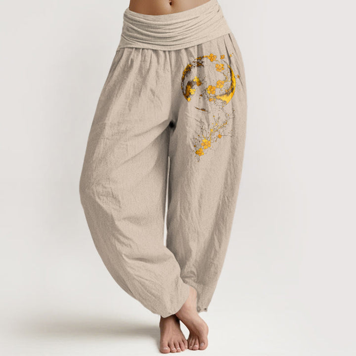 Buddha Stones Pure Cotton Brightly Colored Moon Flower Vine Pattern Women's Elastic Waist Harem Pants - Tan - US16，UK/AU20，EU48 (3XL) - image 11