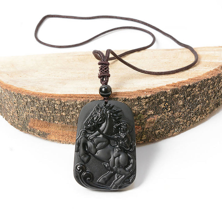 Buddha Stones Year of the Horse Monkey Design Black Obsidian Purification Necklace Pendant - image 0