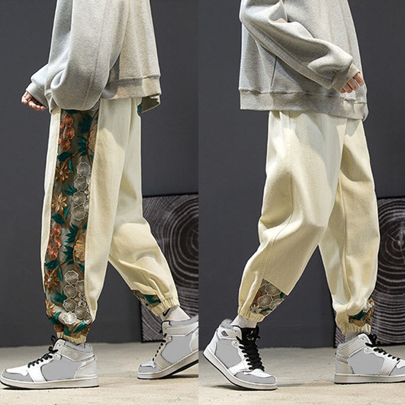 Buddha Stones Spring Men's Embroidered Flower Pattern Patchwork Cotton Pants With Pockets - image 25