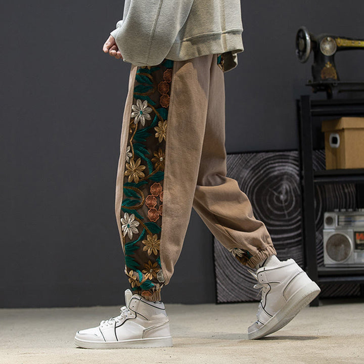 Buddha Stones Spring Men's Embroidered Flower Pattern Patchwork Cotton Pants With Pockets - image 15