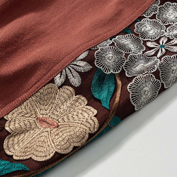 Buddha Stones Spring Men's Embroidered Flower Pattern Patchwork Cotton Pants With Pockets - image 10