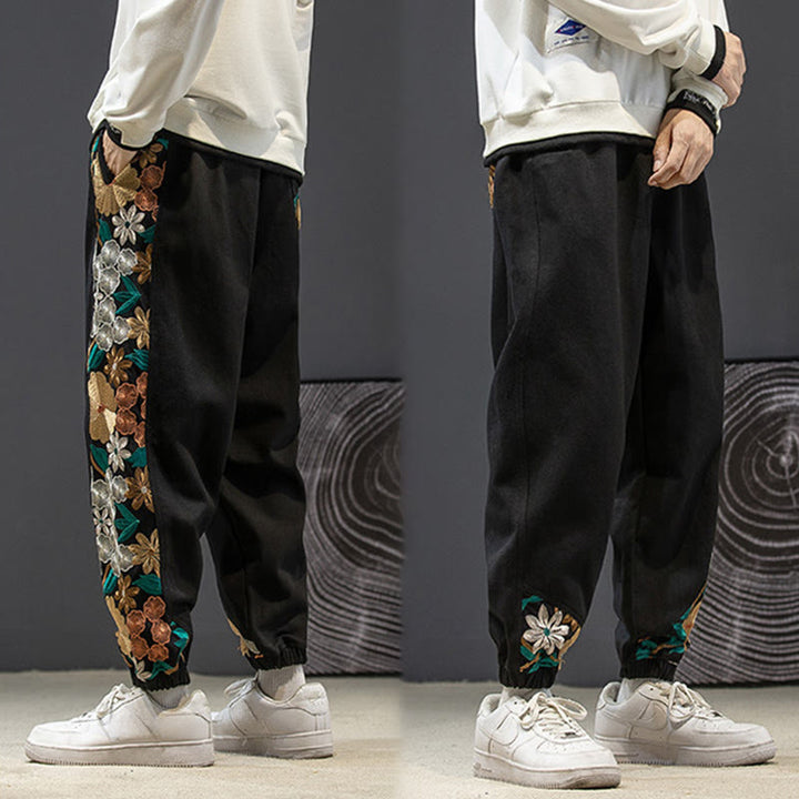 Buddha Stones Spring Men's Embroidered Flower Pattern Patchwork Cotton Pants With Pockets - image 4