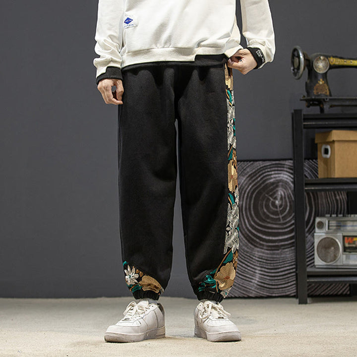 Buddha Stones Spring Men's Embroidered Flower Pattern Patchwork Cotton Pants With Pockets - image 3