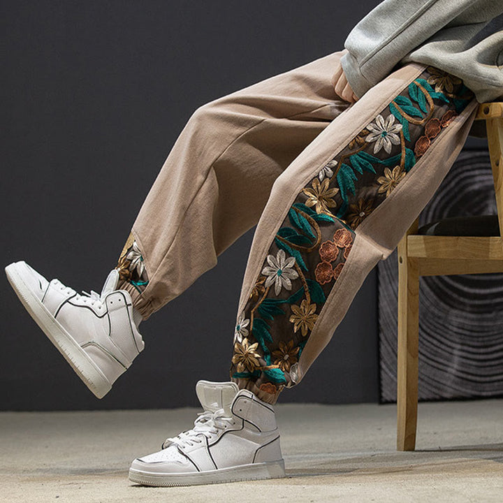 Buddha Stones Spring Men's Embroidered Flower Pattern Patchwork Cotton Pants With Pockets - image 17