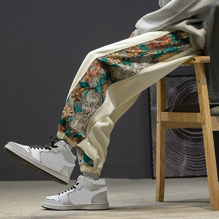 Buddha Stones Spring Men's Embroidered Flower Pattern Patchwork Cotton Pants With Pockets - image 23
